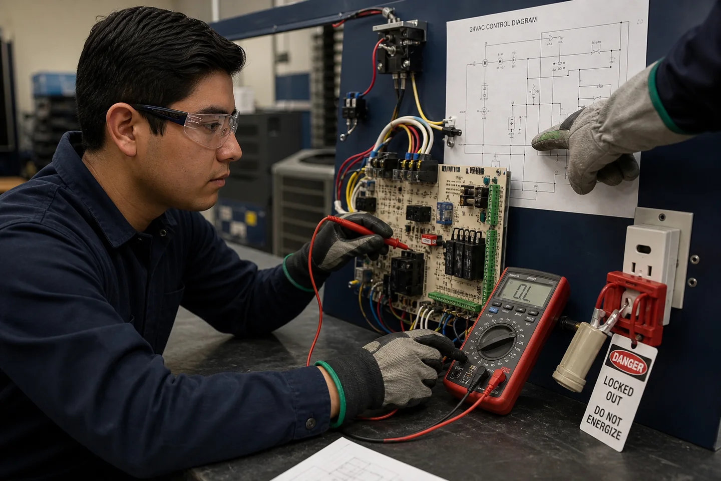 Práctica ilustrativa de diagnóstico eléctrico seguro en un tablero HVAC desenergizado