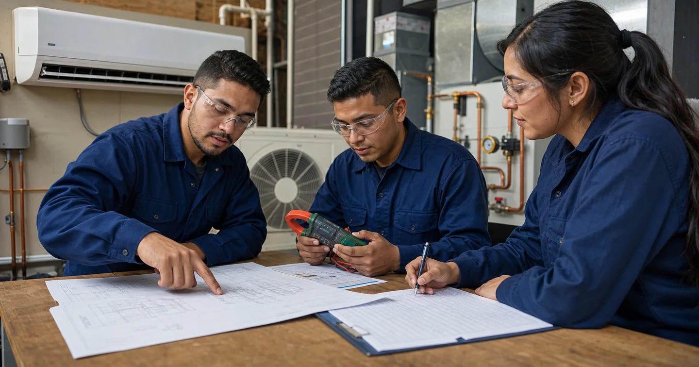 Equipo de estudiantes revisando planos y mediciones de un proyecto HVAC, imagen ilustrativa